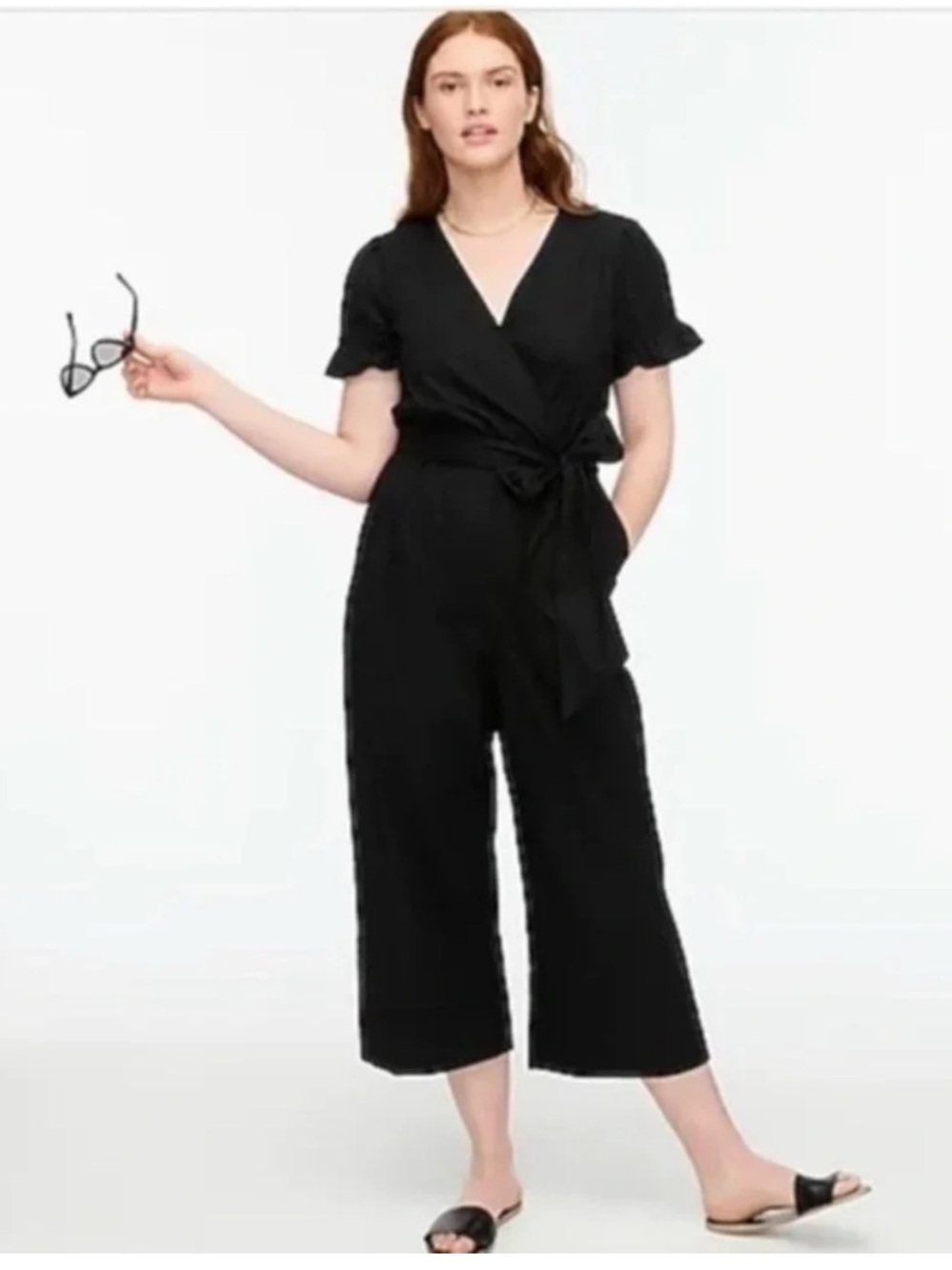 NWT J. Crew Ruffle stretch cotton poplin jumpsuit Black Size 18 Tall